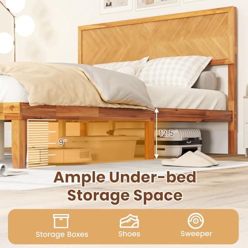 Giantex Wood Full Size Bed Frame with Headboard, Solid Acacia Wood Platform Bed with 12 Strong Wooden Slat Support, Scandinavian Style Art Deco Full Bed Frame, No Box Spring Needed, Rustic Brown 7
