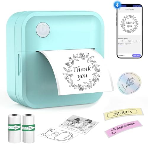 Miouca Label Maker Machine with Tape - Mini Sticker Printer Bluetooth Label Printer for Home Office Organization, Portable Thermal Sticker Maker Print Pod with Multiple Templates for Phone (Green)