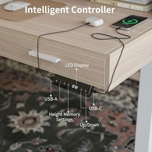 FEZIBO Electric Standing Desk 55x26 Inches with 3 Wood Drawers and Monitor Shelf, Height Adjustable Computer Desk, Ergonomic Rising Home Office Desks, Sit Stand Up Workstation Table, Light Walnut 8