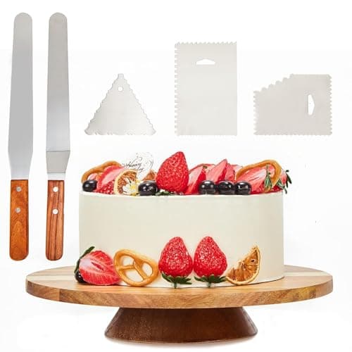 12" Acacia Wood Revolving Cake Stand, 2" High Rotating Cake Turntable with 2 Icing Spatulas, 3 Smoothers, Wooden Rotating Display Stand for Cake, Cupcake Decorating Supplies