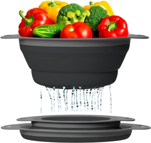 Ultimate Kitchen Strainers Set of 2 - Collapsible Silicone Colanders For Easy Storage by Comfify - Use with Pasta & Veggies or as a Fruit or Berry Bowl with Strainer - Irreplaceable for Campers -Black
