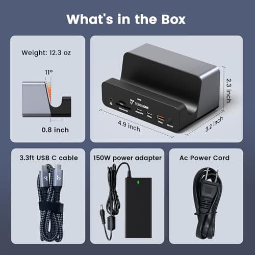 TobenONE 18-in-1 Triple 4K@60Hz Monitor Docking Station with 150W Power Supply, USB C Laptop Docking Station Stand(Single 4K@144Hz), 2.5Gbps Ethernet, 2 HDMI & DP, 8 USB, for Windows&ChromeOS 9