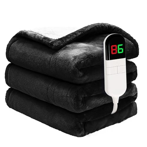 PTQ Heated Throw Blanket 50"×60" - Premium Cosy Soft Electric Blanket with 6 Heating Levels,Fast Heating Flannel Sherpa Blanket for Bed & Couch - Auto Shut Off/Machine Washable (Black)
