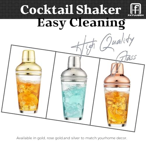 FayuuGem Glass Cocktail Shaker, Martini Shaker with Strainer for Bars, Whiskey, Cocktails 17oz (Gold) 7