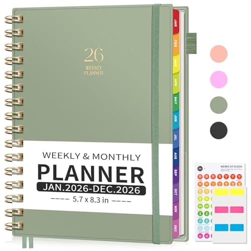 EMSHOI 2026 Planner, Weekly and Monthly, JAN 2026 - DEC 2026, A5 (5.7" x 8.3"), 100GSM Thick Paper, PVC Cover, Colorful Tabs - 2026 Calendar Organizer for Work, School, Home, LightGreen