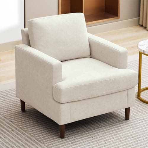 Weture Mid-Century Accent Chair,Modern Linen Fabric Armchair for Living Room,Comfy Upholstered Reading Accent Chairs for Bedroom,Single Sofa Chair with Wood Legs (Beige, 1 Pack) 6
