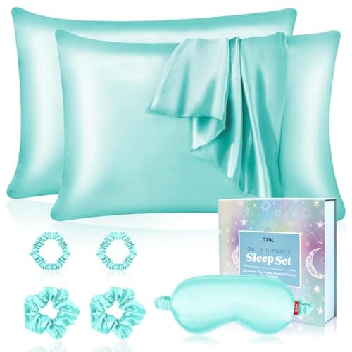 my novel things Satin Pillowcase Gift Set with Silk Satin Sleep Mask 4 Scrunchies, 2Pack Standard Size Silky Pillow Cases Luxury Sleeping 7 Pieces Set for Women Wife Female Birthday Mother Gift