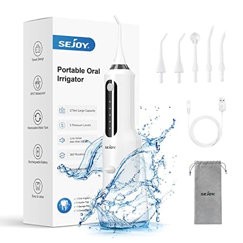 Sejoy Water Flosser, Water Dental Flosser Water Flosser Cordless Rechargeable, Oral Irrigator Rechargeable for Home Travel Office, 270ML IPX7 Waterproof 5 Cleaning Modes and 5 Jet Tips