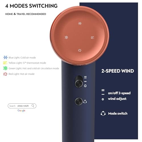 AINA Hair Dryer,Blow Dryer with Diffuser Brush Comb for Women - BLDC Hair Dryer - Brushless Motor, 110,000 RPM Lightweight,Ionic Travel, 3 Magnetic Attachments 110V/ALCI(Blue Golden) 4