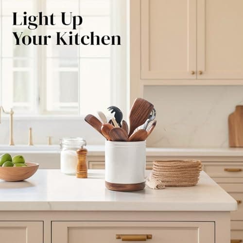 DOWAN 7.6" 360° Rotating Utensil Holder, Kitchen Utensil Holder for Countertop,Large Ceramic Utensil Crock for Kitchen Decor, Protection Cork Bottom, Speck White 5