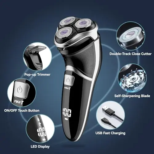 MAX-T Men's Electric Shaver - Corded and Cordless Rechargeable 3D Rotary Shaver Razor for Men with Pop-up Sideburn Trimmer Wet and Dry Painless 100-240V Black (Metal Black) 7