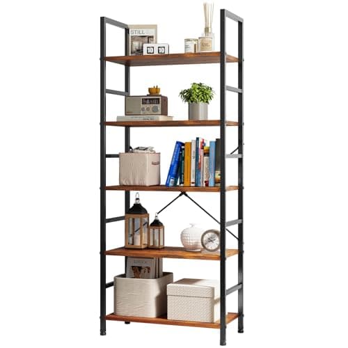 Sweetcrispy Book Shelf, 5 Tier Bookcase, Modern Tall Bookshelf for Garage Kit, CDs, Movies, Industrial Corner Storage Organizer for Bedroom Home Office Kitchen Living Room, Rustic Brown
