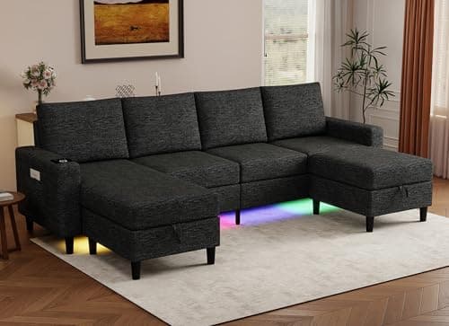 Yzyuankeji Smart Sectional Couches for Living Room, 6 Seat U/L Shaped Sectional Sofa with RGB Light/Charging, Modern Living Room Furniture for Apartments/Office/More (Black)