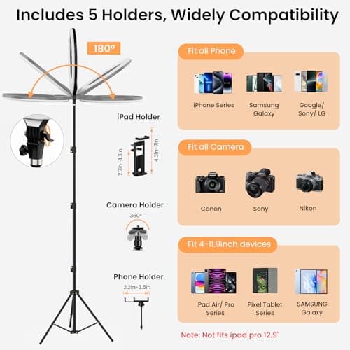 18" Foldable Ring Light with Stand for iPhone ipad, LED Display/2 USB Ports/4 Phone Tablet Holders, 2700-6500K Dimmable Ring Light for Tattoo Barber Makeup Studio Video Recording Photography 7