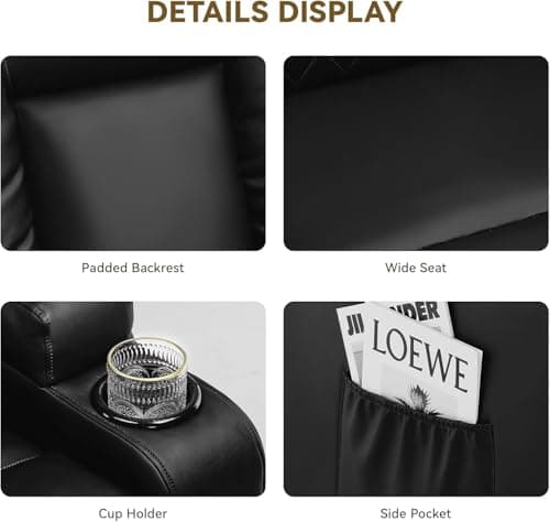 COMHOMA Recliner Chair, Swivel Rocker Recliners, Reclining Sofa with Side Pockets, Cup Holders for Living Room, Bedroom (Black) 7