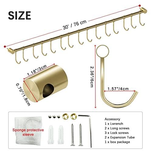 OKEPOO 304 Stainless Steel Kitchen Utensil Hanger - 30 Inch Wall Mount with 15 Noiseless Sliding Hooks, Pots and Pans Hanging Rack, Organizer Storage Perfect for Organizing Cooking Tools, Golden 3