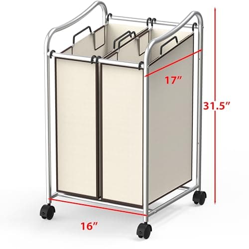 Simple Houseware 2-Bag Heavy Duty Rolling Laundry Sorter Cart, Chrome – 2 Section Removable Bags and Lockable Wheels for Laundry Room Organization 2
