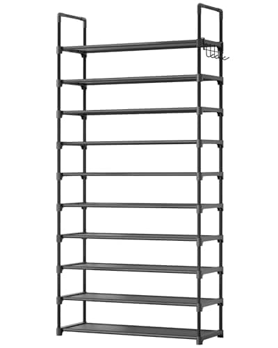 Kitsure Shoe Rack for Closet - 10-Tier Shoe Organizer with Hook Rack, Large-Capacity & Space-Saving Shoe Shelf for Entryway, Bedroom, Living Room,32.2" x 11.8" x 68.5", Black