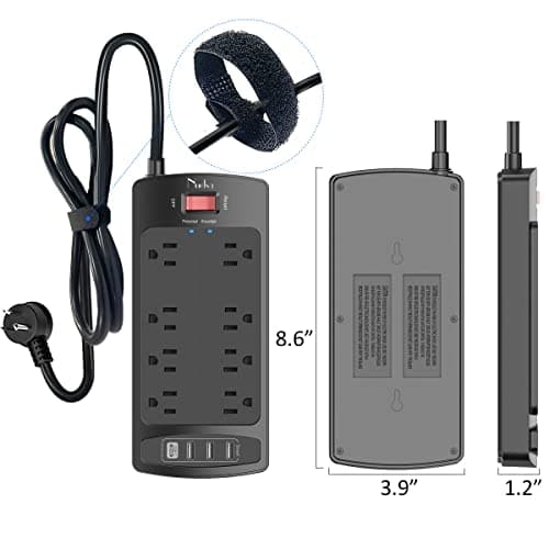 Surge Protector Power Strip - Nuetsa Flat Plug Extension Cord with 8 Outlets and 4 USB Ports, 6 Feet Power Cord (1625W/13A), 2700 Joules, ETL Listed, Black 7