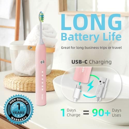 7AM2M Sonic Electric Toothbrush for Adults and Kids, 40000 VPM High-Powered with 4 Brush Heads & 5 Modes, One Charge for 90 Days, 2 Minutes Built-in Smart Timer, Rechargeable Toothbrushes, Pink 6