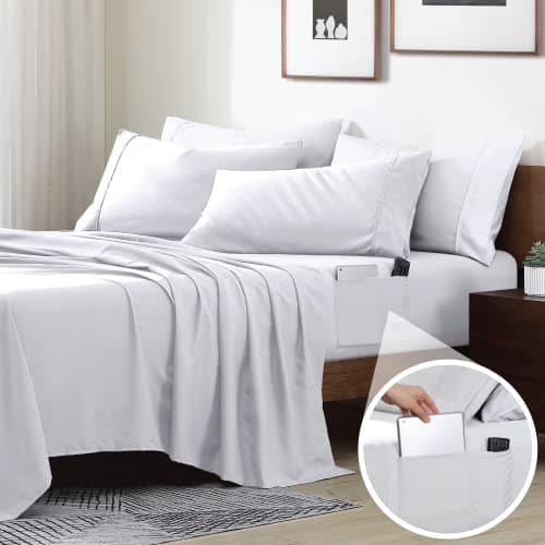Cathay Home Twin Double-Sided Organizer Pocket Fitted Smart Sheet - Double Brushed Ultra Soft – Wrinkle & Fade Resistant - 14" Deep Pocket Fitted Sheet Only (Twin, White)
