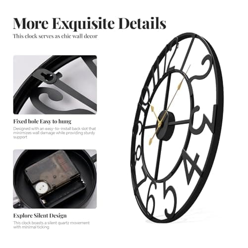 Cuspin Large Wall Clock for Living Room Decor, 30 Inch Wall Clocks Battery-Operated Silent Non Ticking, Modern Black Decorative Metal Clock, Arabic Numerals 5