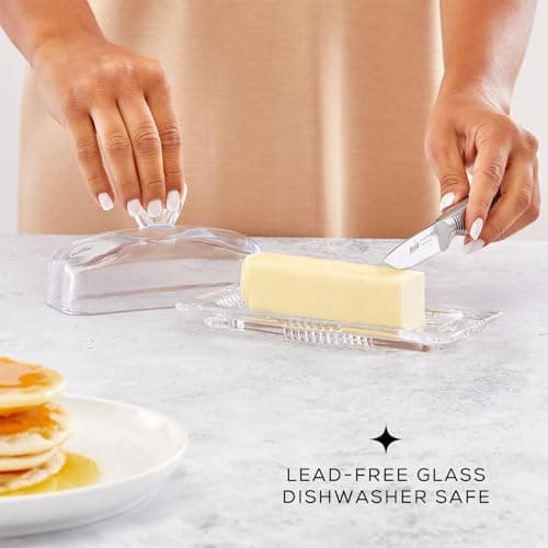 JoyJolt Clear Glass Butter Dish with Lid - Fancy Butter Stick Holder Wide Butter Dish for 4oz Sticks. Vintage-Style Covered Tray for Cute Farmhouse Butter Container Aesthetic. 6