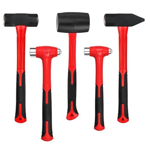 C&T 5-Piece Hammer Set, 16oz Ball Peen Hammer | 32oz Ball Peen Hammer | 32oz Rubber Mallet | 3lb Sledge Hammer | 3lb Cross Peen, Fiberglass Handle & Mallet Set
