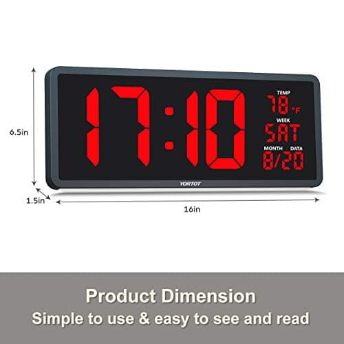 YORTOT 16” Large Digital Wall Clock with Remote Control - Adjustable Dimmer, 7 Color Night Lights, Big LED Clock with Indoor Temperature, Date, Auto DST, 12/24Hour, Wall Mount/Foldable Stand 6