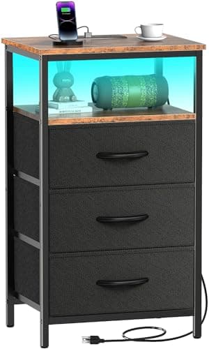 Night Stand with Charging Station: LED Nightstand with USB Ports and Outlets, Bedside Table End Table with 3 Fabric Drawers and Storage Shelf, Nightstands for Bedroom, Living Room (Black&Brown)