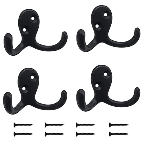 Kruodop 4 Pack Wall Hooks Wall Mounted Coat Hooks for Hanging Heavy Duty, Black Towel Hooks, Metal Double Coat Hanger with Screws Cup Retro for Coats, Handbags, Towels, Hat
