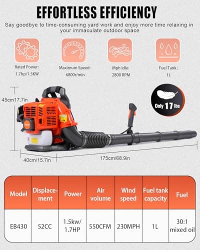 Thalorus 52cc Backpack Leaf Blower – Gas Powered 550 CFM 230 MPH High Airflow for Lawn Care, Low-Vibration Harness, Clears Leaves, Debris & Snow (Orange) 5