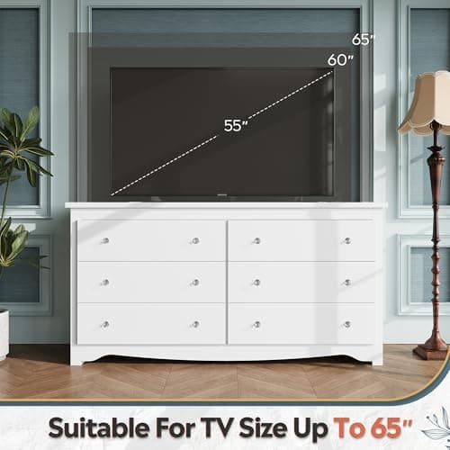 WLIVE White Dresser with 6 Drawer, 59“Wide Modern Chest of Drawers for Bedroom, Wood Large Storage Tower Unit, Closet Store Organizer for Living Room, Hallway 5