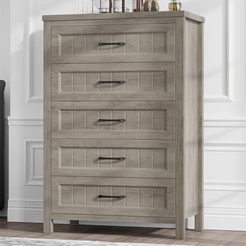 Jocoevol 5 Drawer Dresser for Bedroom, Farmhouse Dresser with Deep Drawers, Tall Grey Dresser Wooden Dresser Chest of Drawers for Living Room, Hallway, Entryway (Grey, 5 Drawer)