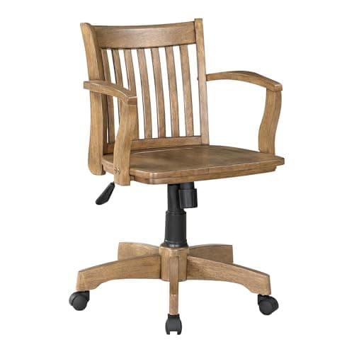 OSP Home Furnishings Deluxe Wood Banker's Home Office Desk Chair with Adjustable Height, Locking Tilt and Heavy Duty Base, Medium Oak Finish