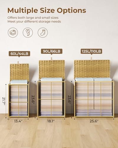 GREENSTELL Laundry Hamper with Lid, 60L Clothes Hamper with 2 Removable Liner Bags & 2 Mesh Laundry Bags, Handwoven Synthetic Rattan Laundry Basket for Clothes, Toys in Bathroom, Bedroom Natural 6