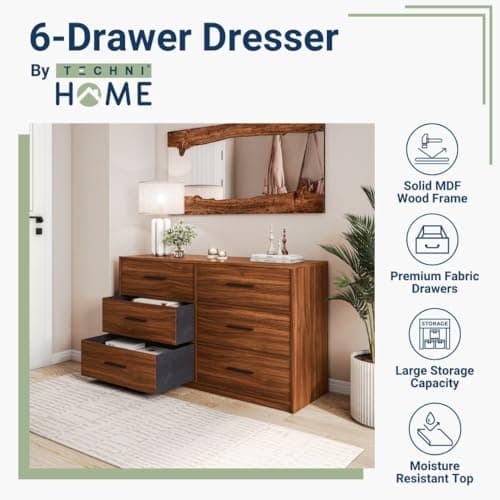 Modern 6-Drawer Dresser with Spacious Storage,Sturdy Wood Frame, and Large Capacity Drawers, Dressers for Bedroom, Home Organization Storage for Living Room or Hallway, Walnut 4
