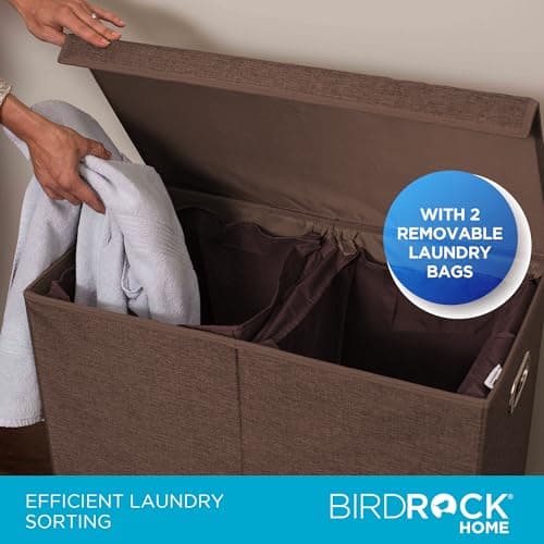 BIRDROCK HOME Laundry Hamper with Lid | Removable Bags for Sorting Clothes | Sectioned Laundry Basket for Bedroom & Bathroom | Collapsible Storage Bin with Cover | Double, Brown 5