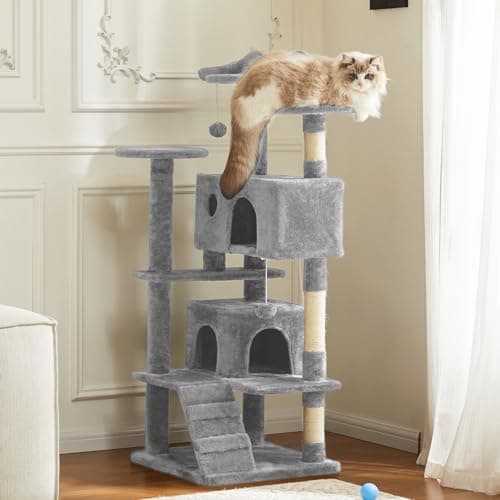 Sweetcrispy 54 Inch Cat Tree Tower, Multi-Level Tower with Cat Scratching Post, Indoor Cat Condo with Climbing Ladder, Plush Toy, Play House for Cat, Light Grey 7