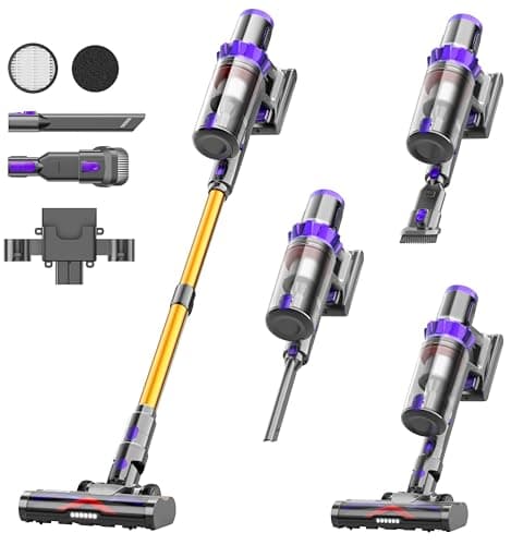 Cordless Vacuum Cleaner, 50KPA Powerful Suction, Vacuum Cleaners for Home, Self-Standing Stick Vacuum with Charging Dock Station,Anti-Tangle Brush for Home Pet Hair/Carpet/Hardwood Floor (Gold)