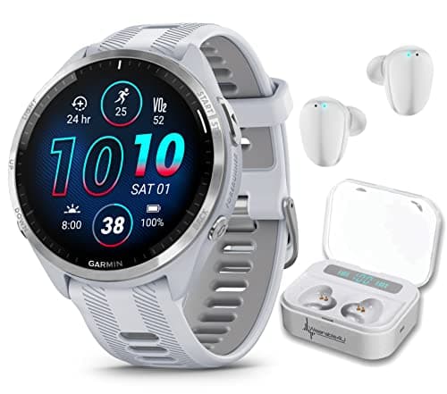 Wearable4U - Garmin Forerunner 965 Premium GPS Running and Triathlon 47mm Smartwatch with AMOLED Touchscreen Display, Titanium Bezel with Whitestone Silicone Band with White Earbuds Bundle