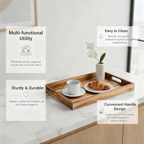 Krismax Wooden Serving Tray with Handles, Rustic Brown Rectangular Serving Platter 15.7x11.4 Inch for Coffee Table, Decorative Storage Tray 5