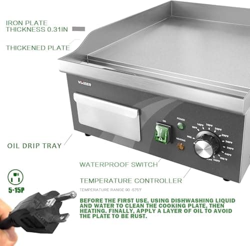 Electric Griddle, 14 Inch Flat Top Grill Commercial Electric Griddles Stainless Steel Adjustable Temperature Control 90℉-575℉ for Home or Restaurant Use 5