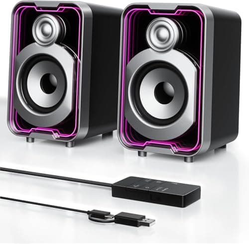 SOULION 2.0 Computer Speakers, 10W USB-Powered Bluetooth Wired PC Speaker with Easy-Control Pod for Desktop, Tiny Desk Soundbar with 5 Mirror-Like LED Light Modes for Monitor Laptop Gaming Music Black
