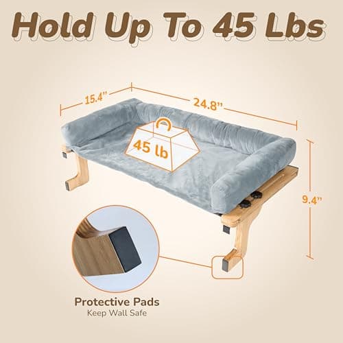[Ready to Gift] PURRHOUSE Cat Window Perch with Cushion Bolster and Cool Pad, Cat Hammocks for Windows with Wood & Robust Metal Frame for Large Cats, Beds for Windowsill, Bedside and Cabinet,24''W 5