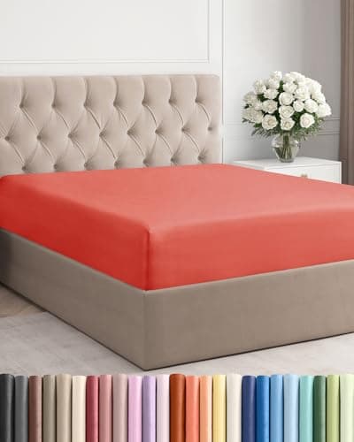 Queen Fitted Bed Sheet - Bottom Single Fitted Sheet Only - Ultra-Soft Hotel Luxury Bedding w/ 8-16 Inch Deep Pockets - Breathable, Cooling & Wrinkle Free - Easy-Care, Fade & Shrink Resistant - Coral