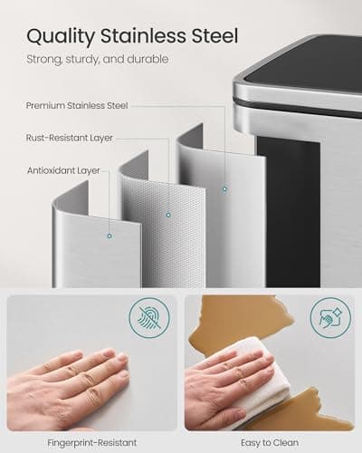 SONGMICS Trash Can, 13-Gallon Gabbage Can, with 15 Trash Bags, Stainless Steel, with Soft-Close Lid, Removable Inner Bucket, Handles, Silver ULTB595E01 5