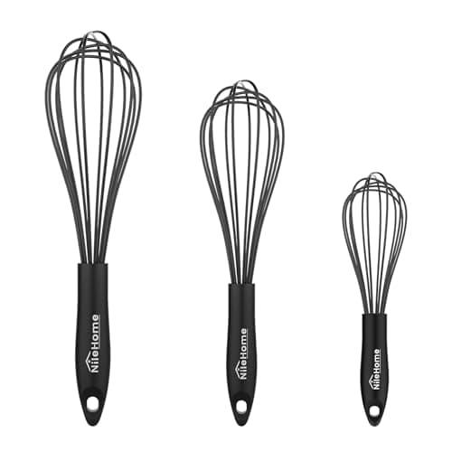 NileHome Upgrade Silicone Whisk Set 8" 10" 12" Kitchen Whisk Kitchen Wisk Wire Whisks for Cooking, Whisking, Blending, Beating, Stirring-Black