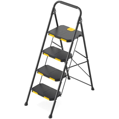 KINGRACK 4 Step Ladder, Sturdy Steel Step Stool with Safe-Lock Design, Handrail, Anti-Slip Wide Pedals, Pass 800lbs Load Testing, Folding Portable Ladder for Multi-Purpose, Home, Kitchen, Black 9