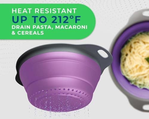 Ultimate Kitchen Strainers Set of 2 - Collapsible Silicone Colanders For Easy Storage by Comfify - Use with Pasta & Veggies or as a Fruit or Berry Bowl with Strainer - Irreplaceable for Campers-Purpel 9